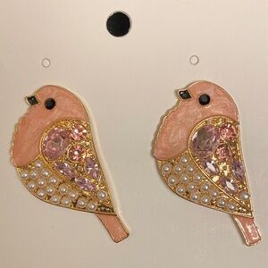 Pink Enamel Glass & Faux Pearls Bird Earrings with Gold Tone Accents